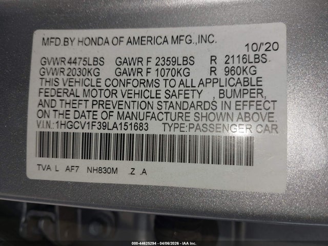 2020 Honda Accord Sport მანქანა იყიდება აუქციონზე, vin: 1HGCV1F39LA151683, აუქციონის ნომერი: 44625294