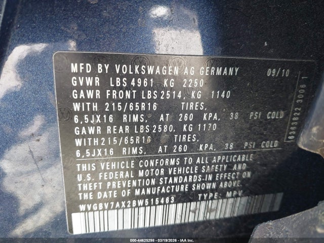 Продажа на аукционе авто 2011 Volkswagen Tiguan S, vin: WVGBV7AX2BW515463, номер лота: 44625298