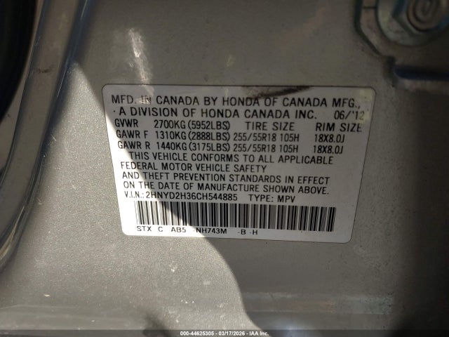 Продаж на аукціоні авто 2012 Acura Mdx Technology Package, vin: 2HNYD2H36CH544885, номер лоту: 44625305