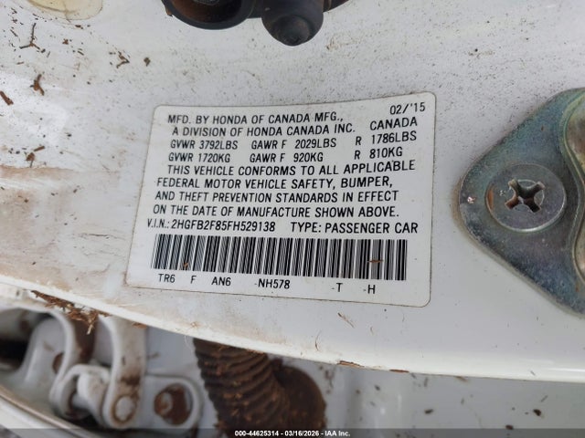 44625314 :رقم المزاد ، 2HGFB2F85FH529138 vin ، 2015 Honda Civic Ex مزاد بيع