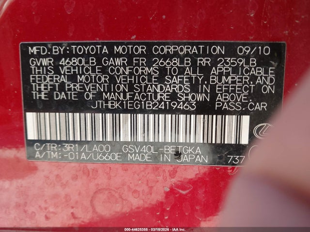 44625355 :رقم المزاد ، JTHBK1EG1B2419463 vin ، 2011 Lexus Es 350 مزاد بيع