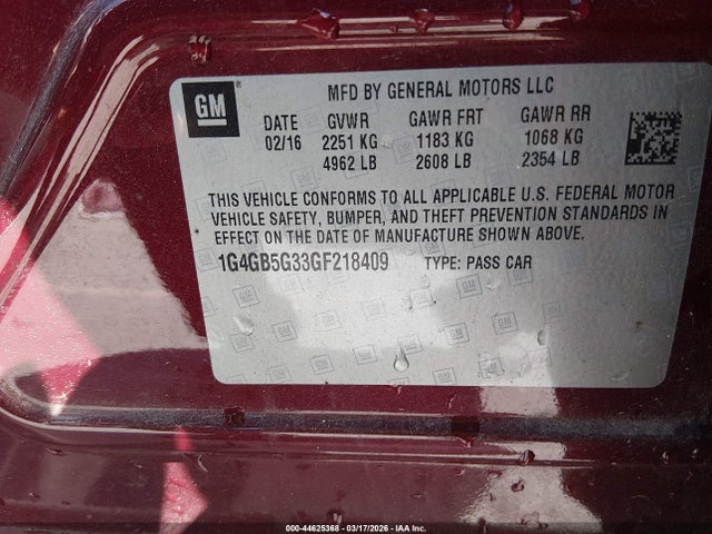 44625368 :رقم المزاد ، 1G4GB5G33GF218409 vin ، 2016 Buick Lacrosse Leather مزاد بيع
