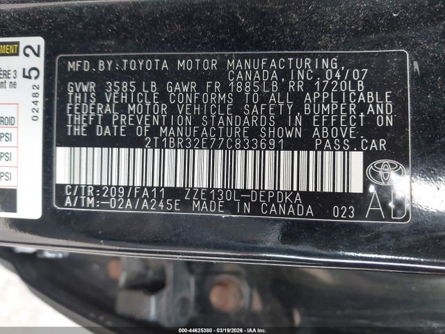 Продаж на аукціоні авто 2007 Toyota Corolla Ce, vin: 2T1BR32E77C833691, номер лоту: 44625380