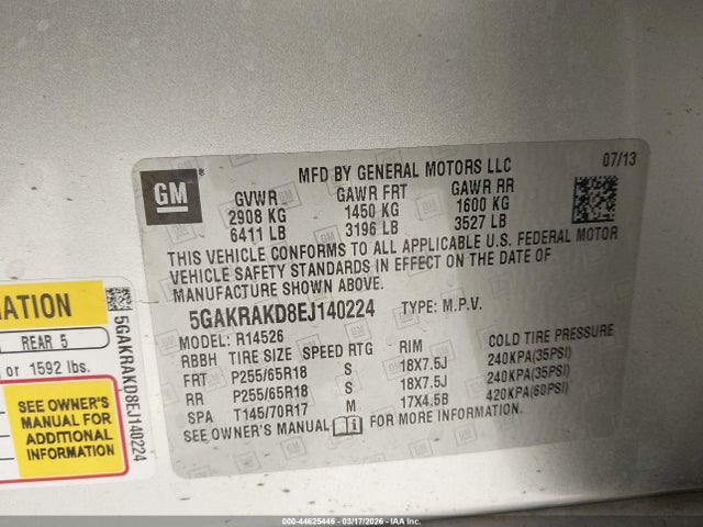 2014 Buick Enclave Convenience მანქანა იყიდება აუქციონზე, vin: 5GAKRAKD8EJ140224, აუქციონის ნომერი: 44625446
