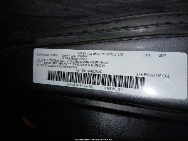 Aukcja sprzedaży 2008 Subaru Legacy 2.5i Limited, vin: 4S3BL626987211267, numer aukcji: 44625458