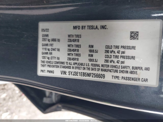 Aukcja sprzedaży 2022 Tesla Model 3 Long Range Dual Motor All-wheel Drive, vin: 5YJ3E1EB5NF256609, numer aukcji: 44625460