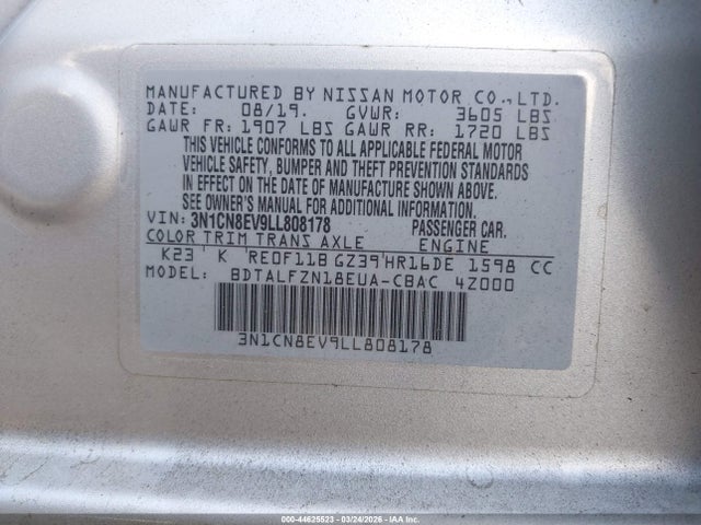 2020 Nissan Versa Sv Xtronic Cvt მანქანა იყიდება აუქციონზე, vin: 3N1CN8EV9LL808178, აუქციონის ნომერი: 44625523