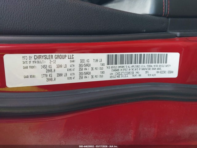 2012 Dodge Durango R/t მანქანა იყიდება აუქციონზე, vin: 1C4SDJCT1CC205158, აუქციონის ნომერი: 44625552