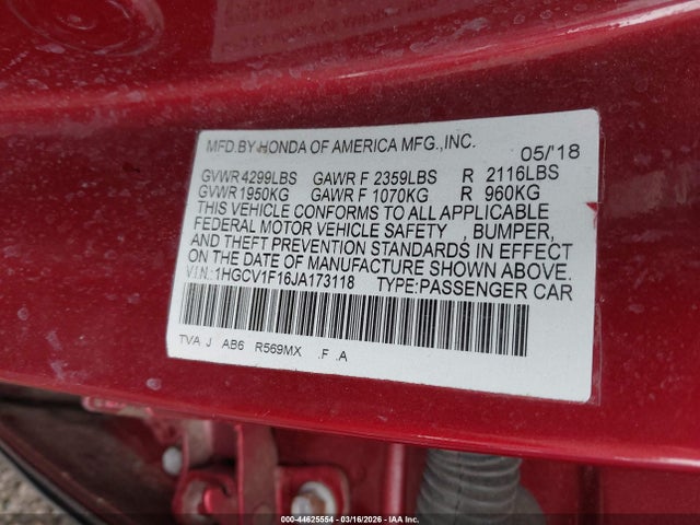 Aukcja sprzedaży 2018 Honda Accord Lx, vin: 1HGCV1F16JA173118, numer aukcji: 44625554