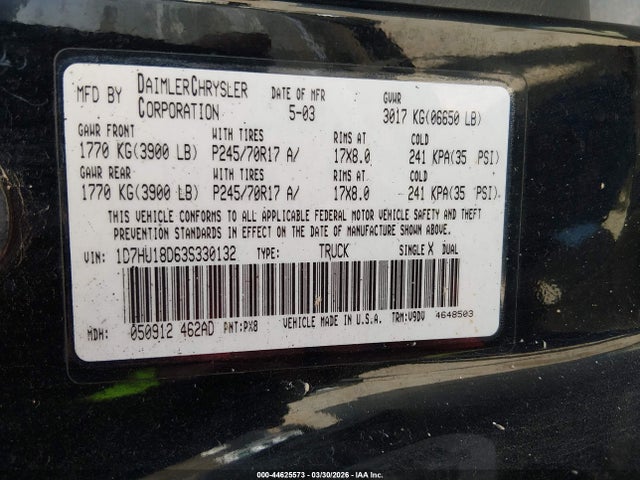 Aukcja sprzedaży 2003 Dodge Ram 1500 Slt/laramie/st, vin: 1D7HU18D63S330132, numer aukcji: 44625573