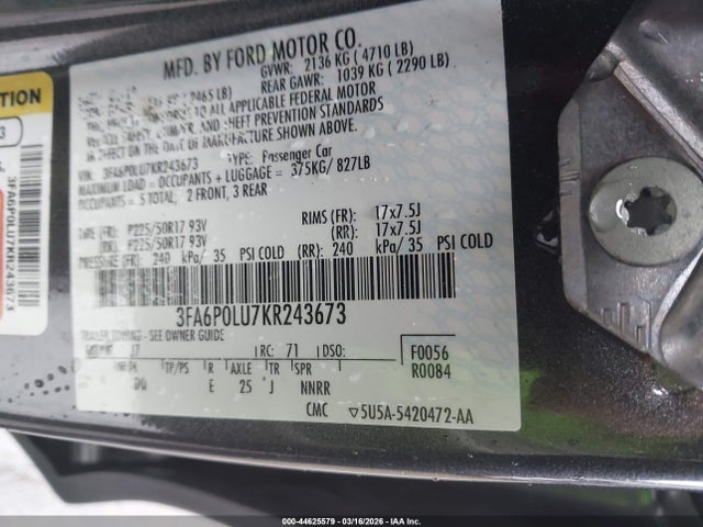 Ford Fusion Hybrid Se 2019 3FA6P0LU7KR243673 Image 9