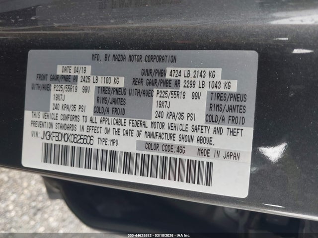 44625582 :رقم المزاد ، JM3KFBDM0K0625606 vin ، 2019 Mazda Cx-5 Grand Touring مزاد بيع