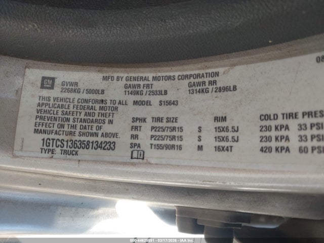 2005 Gmc Canyon Sle მანქანა იყიდება აუქციონზე, vin: 1GTCS136358134233, აუქციონის ნომერი: 44625591