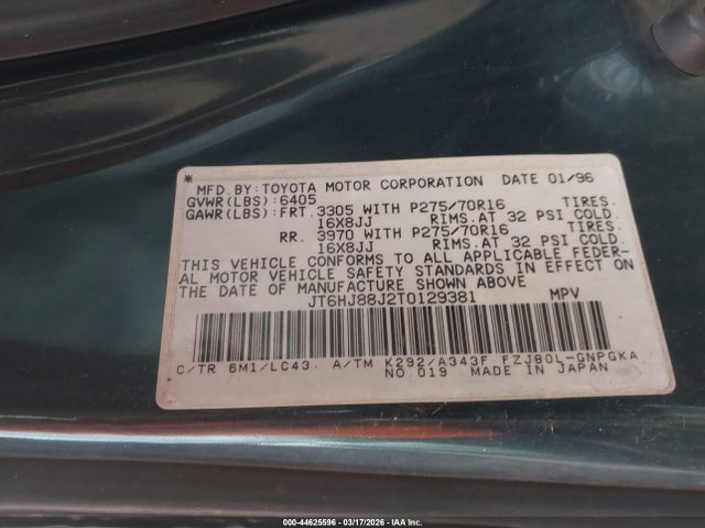 Продажа на аукционе авто 1996 Lexus Lx 450, vin: JT6HJ88J2T0129381, номер лота: 44625596
