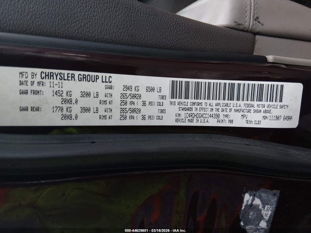 Продаж на аукціоні авто 2012 Dodge Durango Crew, vin: 1C4RDHDGXCC144398, номер лоту: 44625601