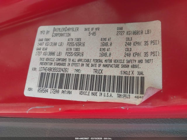 44625607 :رقم المزاد ، 1D7HE48K95S324261 vin ، 2005 Dodge Dakota Slt مزاد بيع