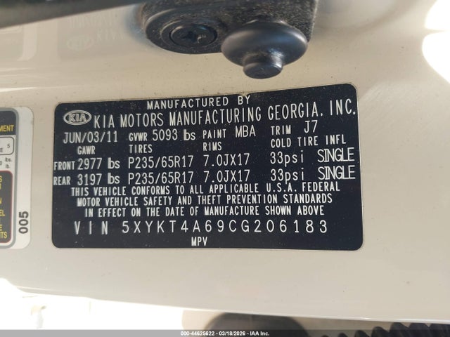 44625622 :رقم المزاد ، 5XYKT4A69CG206183 vin ، 2012 Kia Sorento Lx مزاد بيع