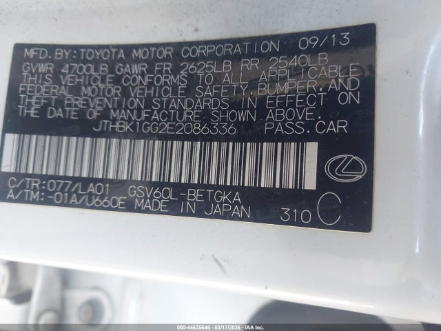 Aukcja sprzedaży 2014 Lexus Es 350, vin: JTHBK1GG2E2086336, numer aukcji: 44625646