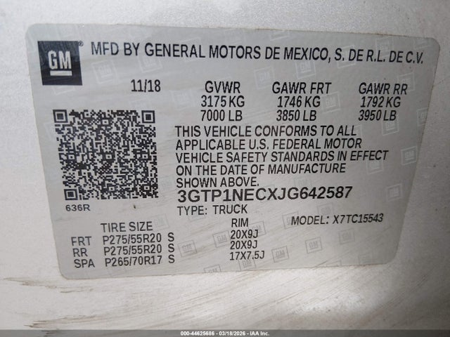 Aukcja sprzedaży 2018 Gmc Sierra 1500 Slt, vin: 3GTP1NECXJG642587, numer aukcji: 44625686