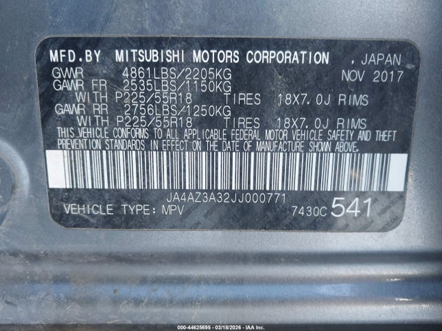 Aukcja sprzedaży 2018 Mitsubishi Outlander Sel, vin: JA4AZ3A32JJ000771, numer aukcji: 44625695