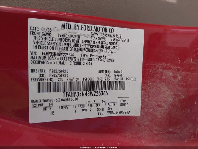 44625703 :رقم المزاد ، 1FAHP35N48W226366 vin ، 2008 Ford Focus Se/ses مزاد بيع