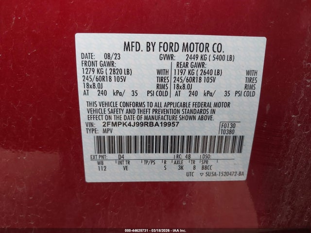 2024 Ford Edge Sel მანქანა იყიდება აუქციონზე, vin: 2FMPK4J99RBA19957, აუქციონის ნომერი: 44625731
