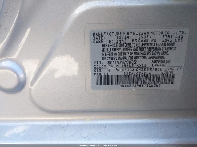 Aukcja sprzedaży 2014 Nissan Sentra Fe+ S, vin: 3N1AB7AP8EY316362, numer aukcji: 44625744