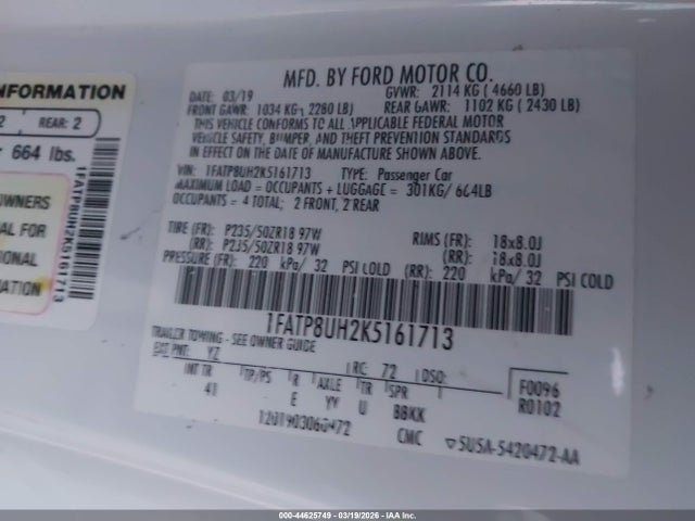 Продажа на аукционе авто 2019 Ford Mustang Ecoboost Premium, vin: 1FATP8UH2K5161713, номер лота: 44625749