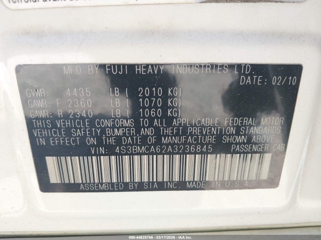Продаж на аукціоні авто 2010 Subaru Legacy 2.5i, vin: 4S3BMCA62A3236845, номер лоту: 44625766