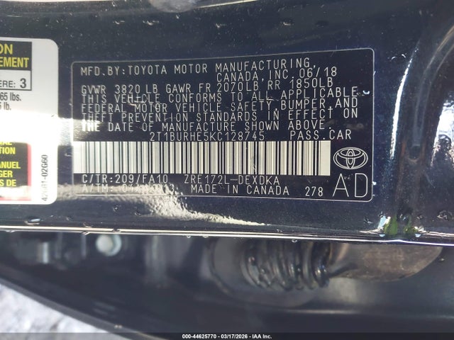 Продажа на аукционе авто 2019 Toyota Corolla L, vin: 2T1BURHE5KC128745, номер лота: 44625770