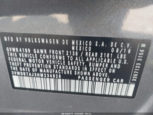 Продаж на аукціоні авто 2017 Volkswagen Jetta 1.4t Se, vin: 3VWDB7AJ3HM234828, номер лоту: 44625775