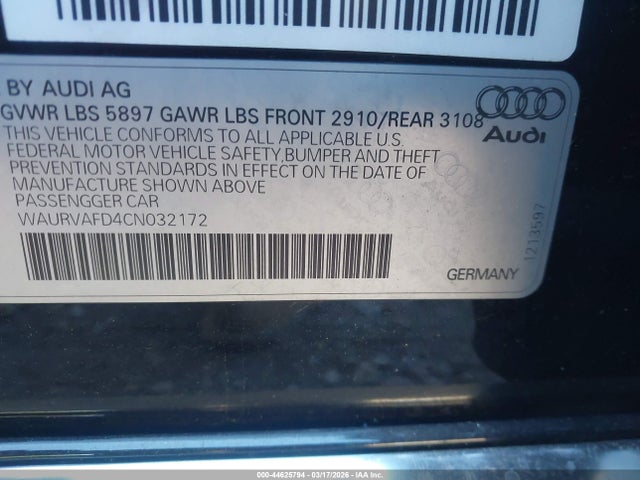 Aukcja sprzedaży 2012 Audi A8 L 4.2, vin: WAURVAFD4CN032172, numer aukcji: 44625794