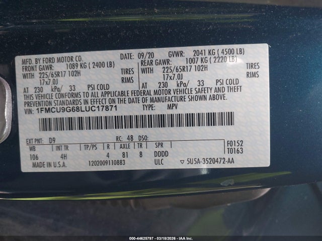 44625797 :رقم المزاد ، 1FMCU9G68LUC17871 vin ، 2020 Ford Escape Se مزاد بيع