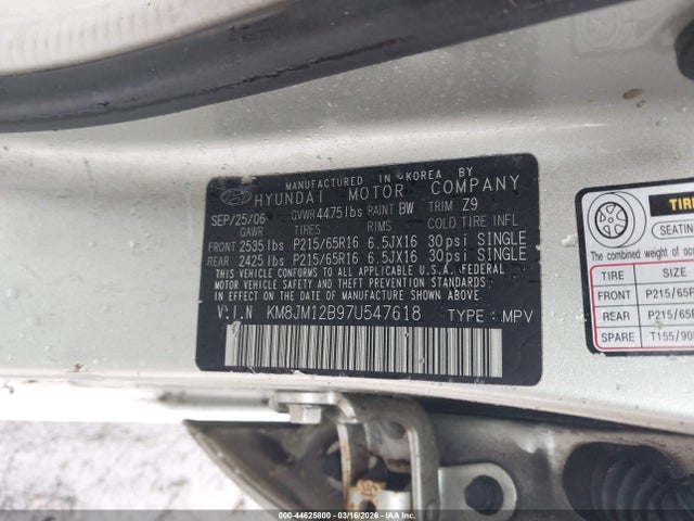 Aukcja sprzedaży 2007 Hyundai Tucson Gls, vin: KM8JM12B97U547618, numer aukcji: 44625800