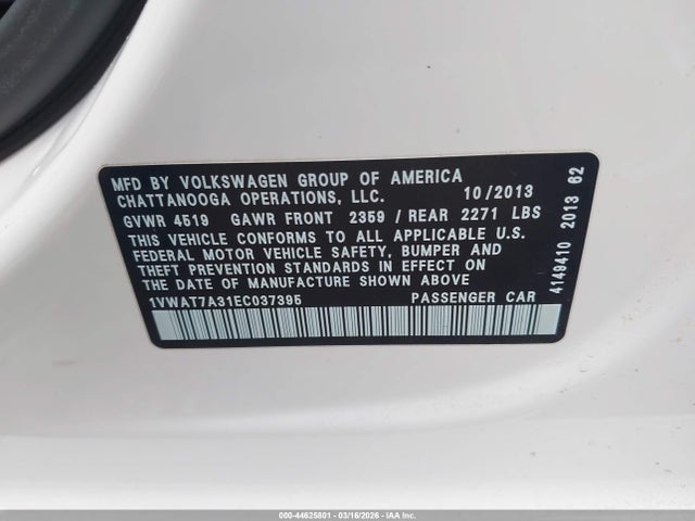 Продаж на аукціоні авто 2014 Volkswagen Passat 1.8t S, vin: 1VWAT7A31EC037395, номер лоту: 44625801