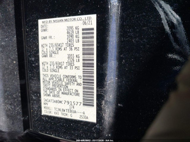 44625802 :رقم المزاد ، 5N1AT3AB0MC791577 vin ، 2021 Nissan Rogue S Intelligent Awd مزاد بيع