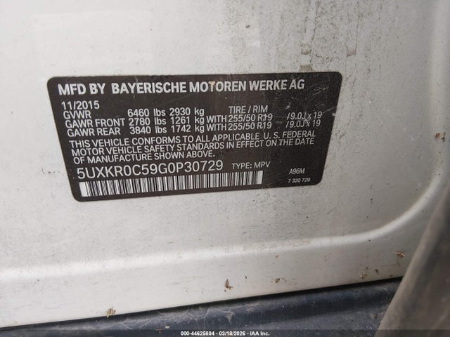 Продаж на аукціоні авто 2016 Bmw X5 Xdrive35i, vin: 5UXKR0C59G0P30729, номер лоту: 44625804