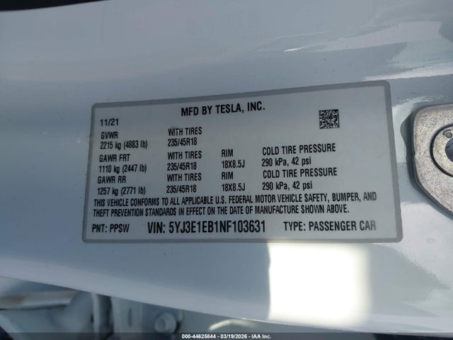 Aukcja sprzedaży 2022 Tesla Model 3 Long Range Dual Motor All-wheel Drive, vin: 5YJ3E1EB1NF103631, numer aukcji: 44625844