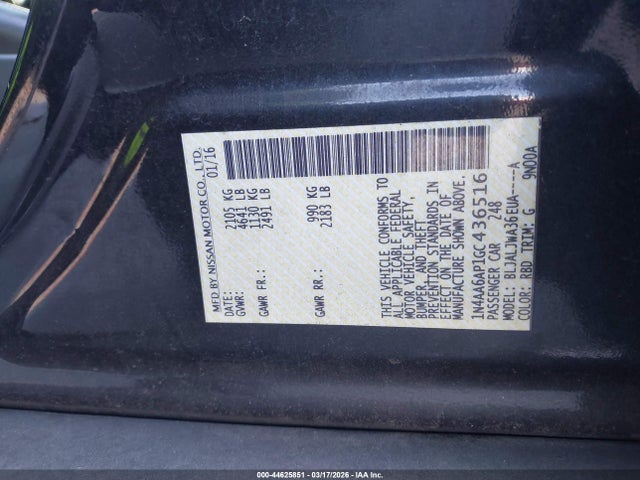 Продажа на аукционе авто 2016 Nissan Maxima 3.5 Sv, vin: 1N4AA6AP1GC436516, номер лота: 44625851