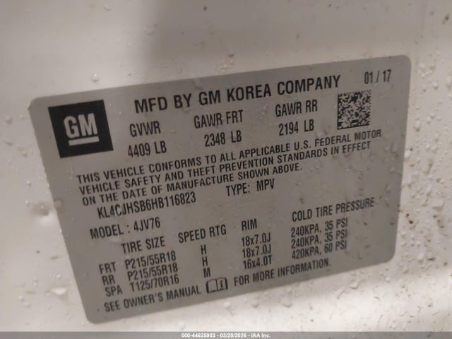 44625903 :رقم المزاد ، KL4CJHSB6HB116823 vin ، 2017 Buick Encore Premium مزاد بيع