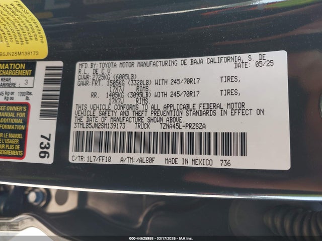 2025 Toyota Tacoma Sr5 მანქანა იყიდება აუქციონზე, vin: 3TMLB5JN2SM139173, აუქციონის ნომერი: 44625958
