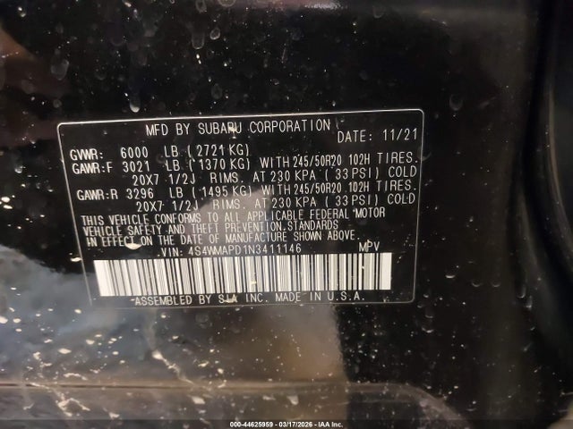 44625959 :رقم المزاد ، 4S4WMAPD1N3411146 vin ، 2022 Subaru Ascent Limited مزاد بيع