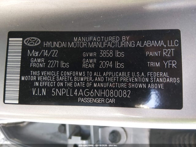 Продаж на аукціоні авто 2022 Hyundai Elantra Se, vin: 5NPLL4AG6NH080082, номер лоту: 44625968