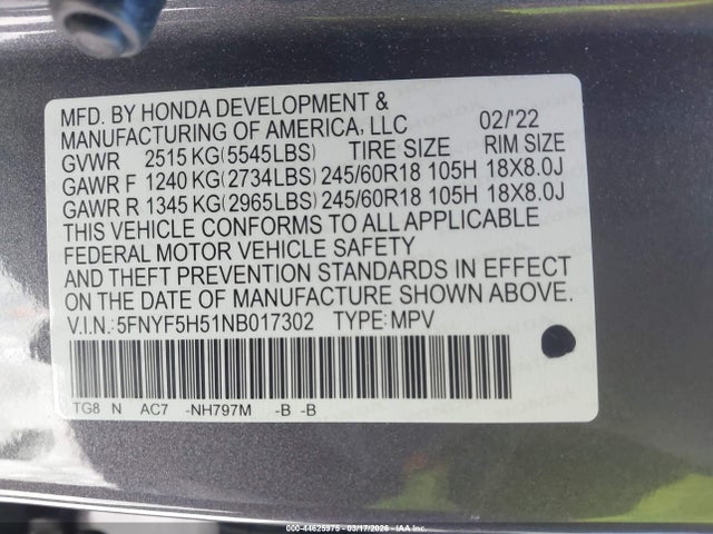 5FNYF5H51NB017302 Honda Pilot 2wd Ex-l