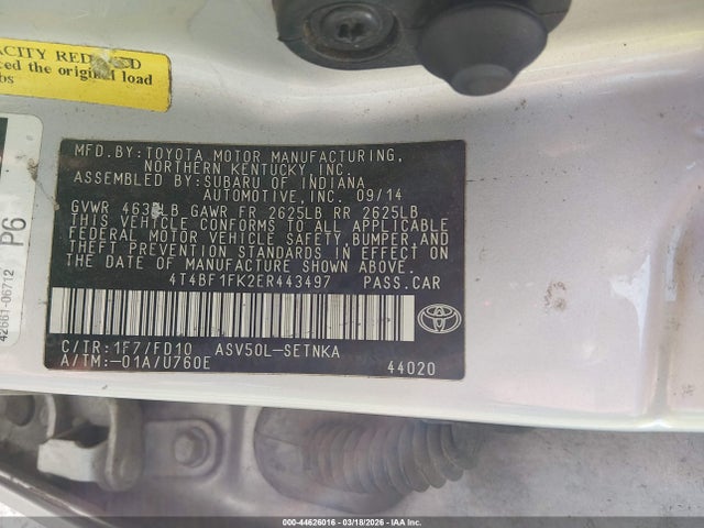 2014 Toyota Camry Le მანქანა იყიდება აუქციონზე, vin: 4T4BF1FK2ER443497, აუქციონის ნომერი: 44626016
