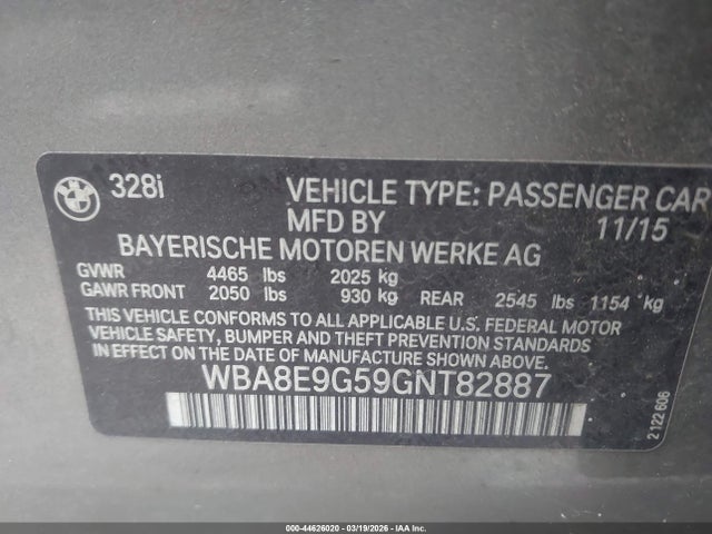 Auction sale of the 2016 Bmw 328i, vin: WBA8E9G59GNT82887, lot number: 44626020