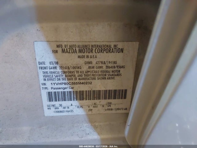 44626036 :رقم المزاد ، 1YVHP80C585M40232 vin ، 2008 Mazda Mazda6 I Sport Ve مزاد بيع