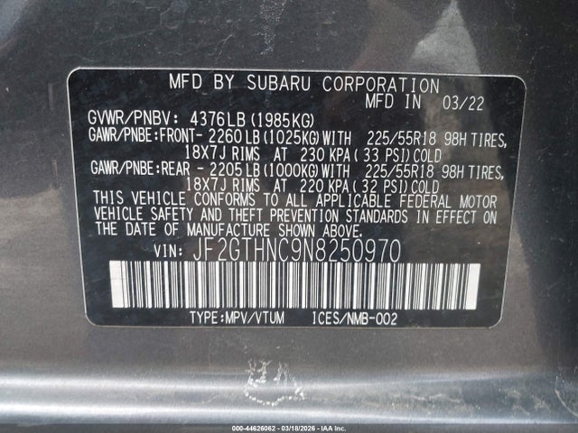 Продажа на аукционе авто 2022 Subaru Crosstrek Limited, vin: JF2GTHNC9N8250970, номер лота: 44626062