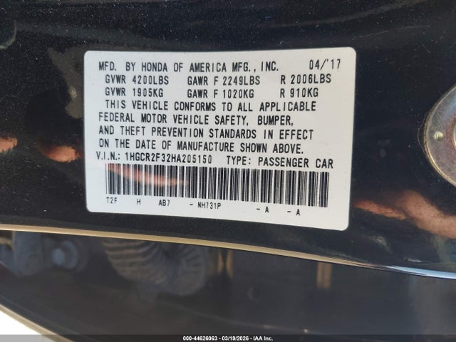 Продажа на аукционе авто 2017 Honda Accord Lx, vin: 1HGCR2F32HA205150, номер лота: 44626063