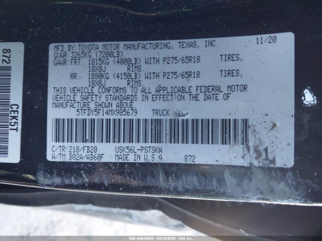 Продажа на аукционе авто 2021 Toyota Tundra Sr5, vin: 5TFDY5F14MX985679, номер лота: 44626080
